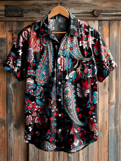 Men's Vintage Paisley Floral Pattern Short Sleeve Pocket Shirt