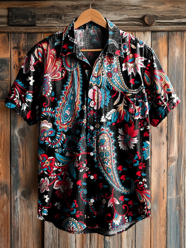 Men's Vintage Paisley Floral Pattern Short Sleeve Pocket Shirt