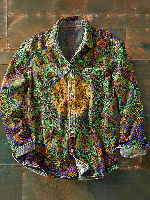 Men's Vintage Ethnic Floral Art Print Long Sleeve Pocket Shirt