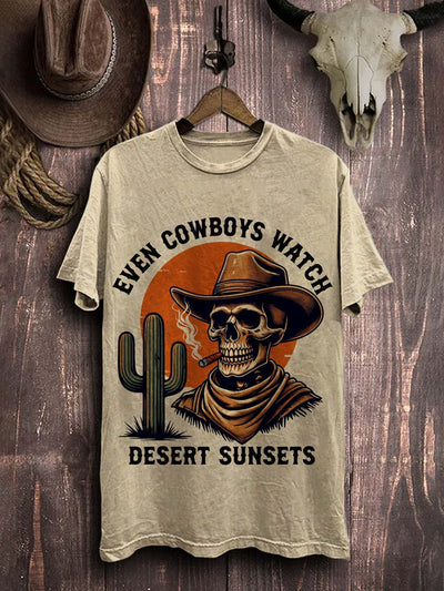 Vintage Skull Western Cowboy Print Cotton T-Shirt
