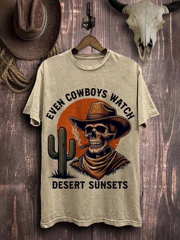 Vintage Skull Western Cowboy Print Cotton T-Shirt