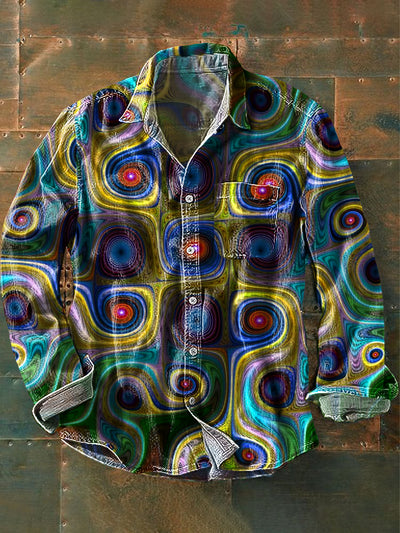Men's Vintage Geometric Abstract Art Print Long Sleeve Pocket Shirt