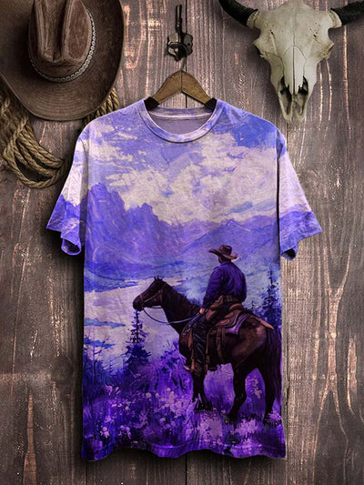 Vintage Oil Painting Western Cowboy Print Cotton T-Shirt