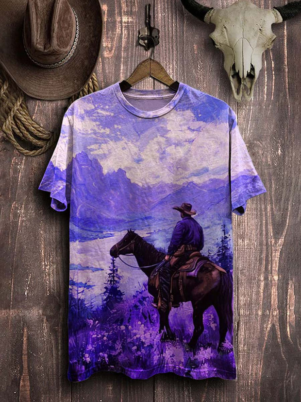 Vintage Oil Painting Western Cowboy Print Cotton T-Shirt