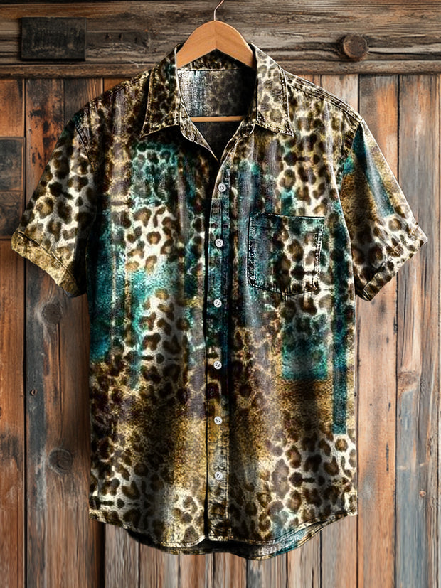Men's Vintage Western Leopard Abstract Pattern Short Sleeve Pocket Shirt