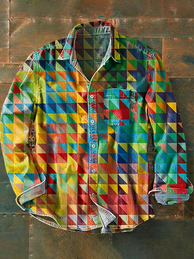 Men's Vintage Rainbow Color Geometric Art Print Long Sleeve Pocket Shirt