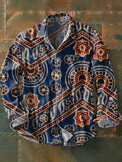 Men's Retro Ethnic Printed Lapel Long Sleeve Shirt