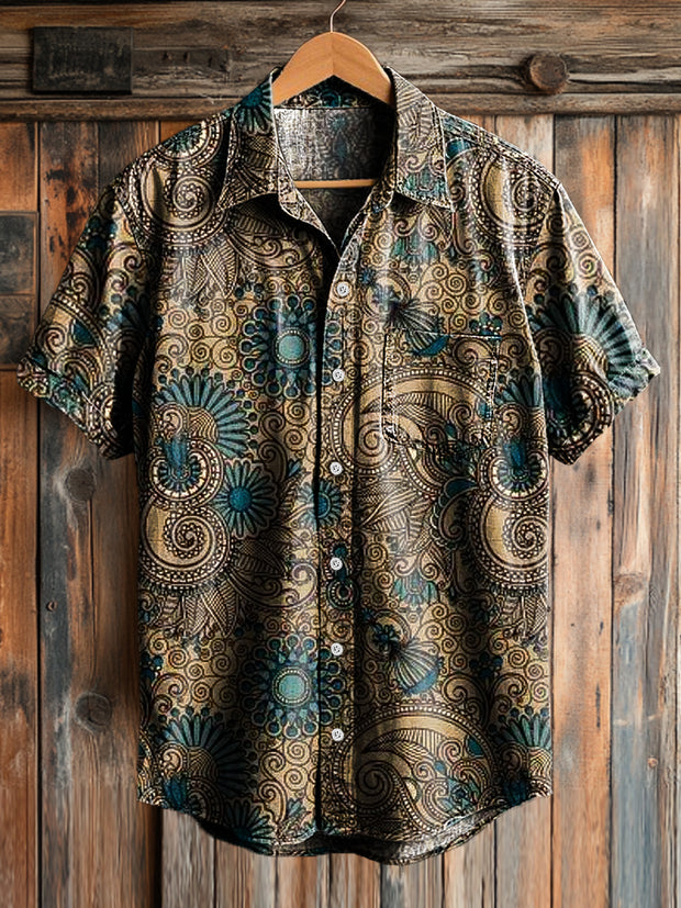 Men's Vintage Western Paisley Floral Short Sleeve Pocket Shirt