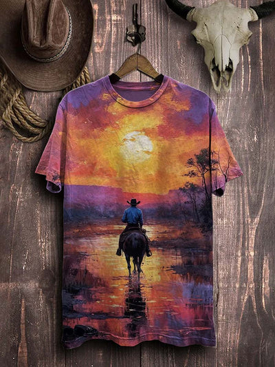 Vintage Oil Painting Sunset Western Cowboy Print Cotton T-Shirt