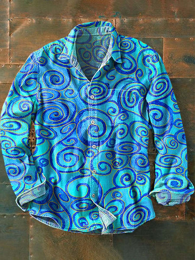 Men's Vintage Abstract Swirl Circle Print Lapel Long Sleeve Shirt