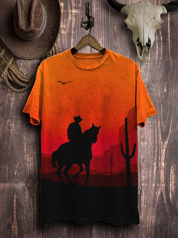 Vintage Western Cowboy Print Cotton T-Shirt