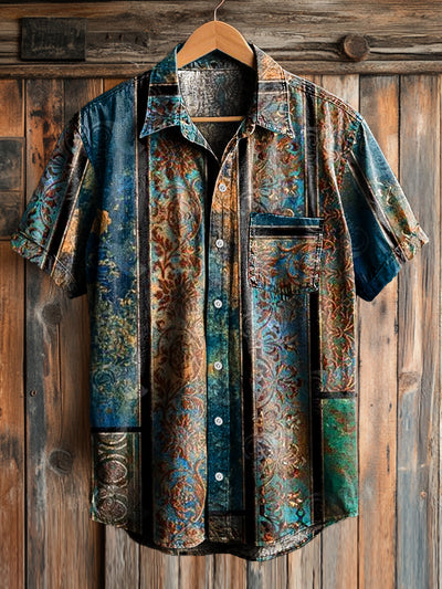 Men's Vintage Western Stripe Pattern Short Sleeve Pocket Shirt