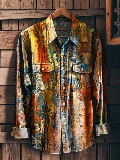 Men's Vintage Aged Color Pattern Long Sleeve Workwear Pocket Shirt