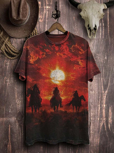 Vintage Sunset Ethnic Western Print Cotton T-Shirt