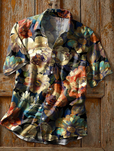 Men's Vintage Abstract Floral Art Print Short Sleeve Pocket Shirt