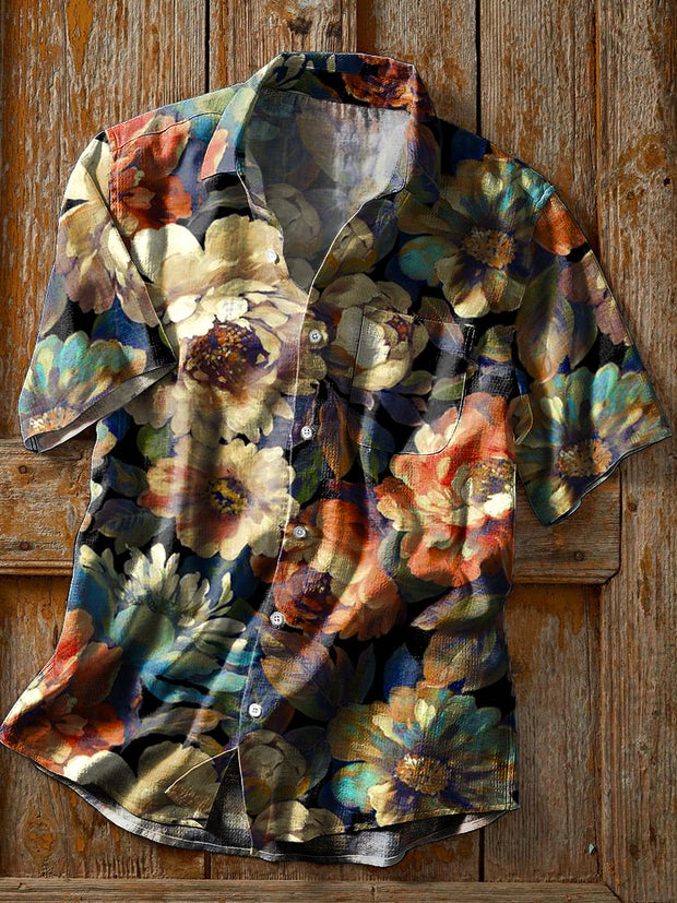 Men's Vintage Abstract Floral Art Print Short Sleeve Pocket Shirt