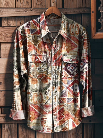 Men's Vintage Ethnic Geometric Long Sleeve Workwear Pocket Shirt