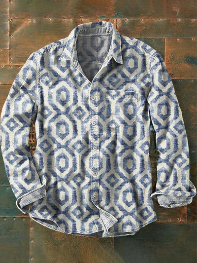 Men's Retro Geometric Square Print Lapel Long Sleeve Shirt