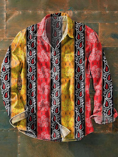 Men's Vintage Striped Floral Print Lapel Long Sleeve Shirt