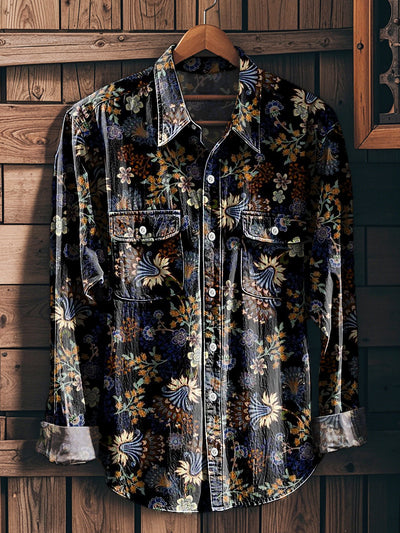 Men's Vintage Floral Pattern Long Sleeve Workwear Pocket Shirt