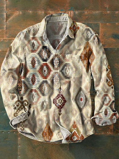 Men's Vintage Western Geometric Print Lapel Long Sleeve Shirt