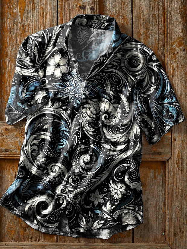 Men's Vintage Baroque Floral Art Print Short Sleeve Pocket Shirt