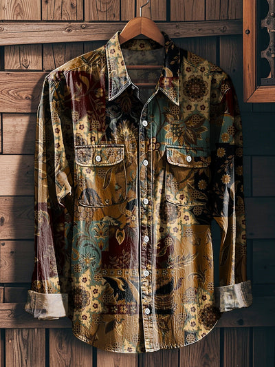 Men's Vintage Geometric Patchwork Pattern Long Sleeve Workwear Pocket Shirt