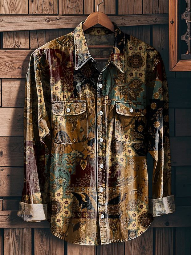 Men's Vintage Geometric Patchwork Pattern Long Sleeve Workwear Pocket Shirt