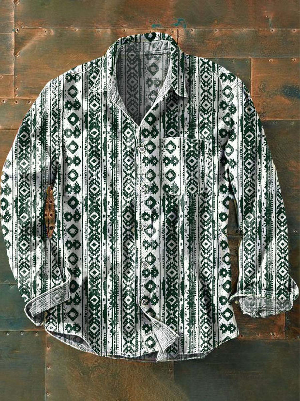 Men's Vintage Western Print Lapel Long Sleeve Shirt