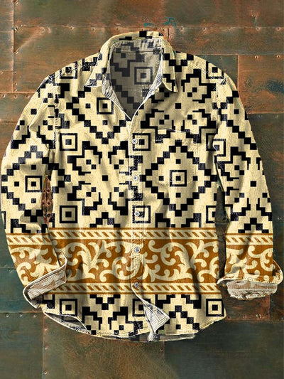 Men's Vintage Geometric Floral Print Lapel Long Sleeve Shirt