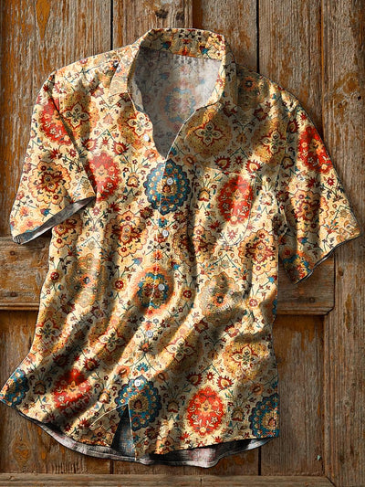 Men's Vintage Ethnic Geometric Floral Art Print Short Sleeve Pocket Shirt