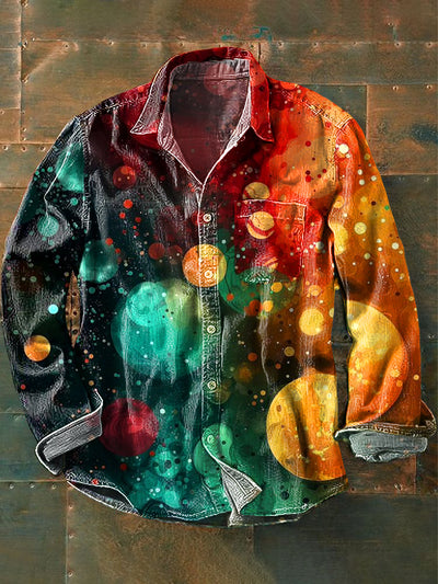 Men's Vintage Abstract Geometric Art Print Long Sleeve Pocket Shirt