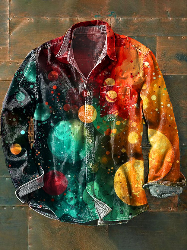 Men's Vintage Abstract Geometric Art Print Long Sleeve Pocket Shirt