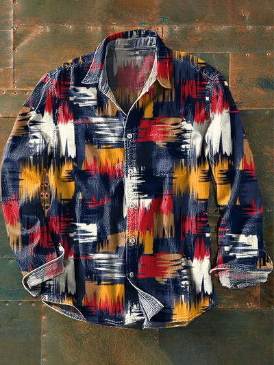 Men's Retro Geometric Abstract Print Lapel Long Sleeve Shirt