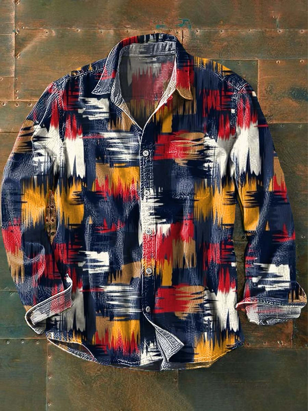 Men's Retro Geometric Abstract Print Lapel Long Sleeve Shirt