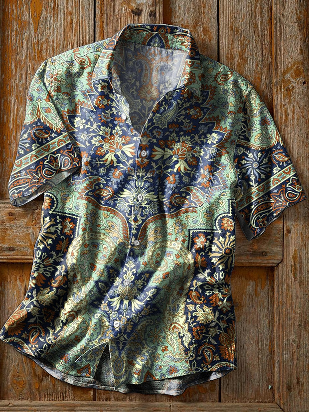 Men's Vintage Ethnic Symmetrical Floral Art Print Short Sleeve Pocket Shirt