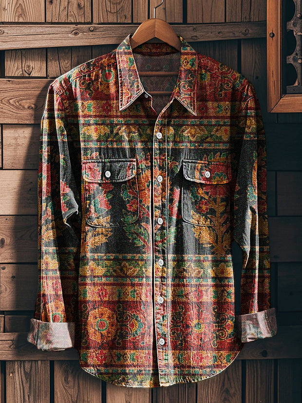 Men's Vintage Striped Floral Pattern Long Sleeve Workwear Pocket Shirt