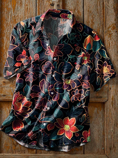 Men's Vintage Floral Art Print Short Sleeve Pocket Shirt
