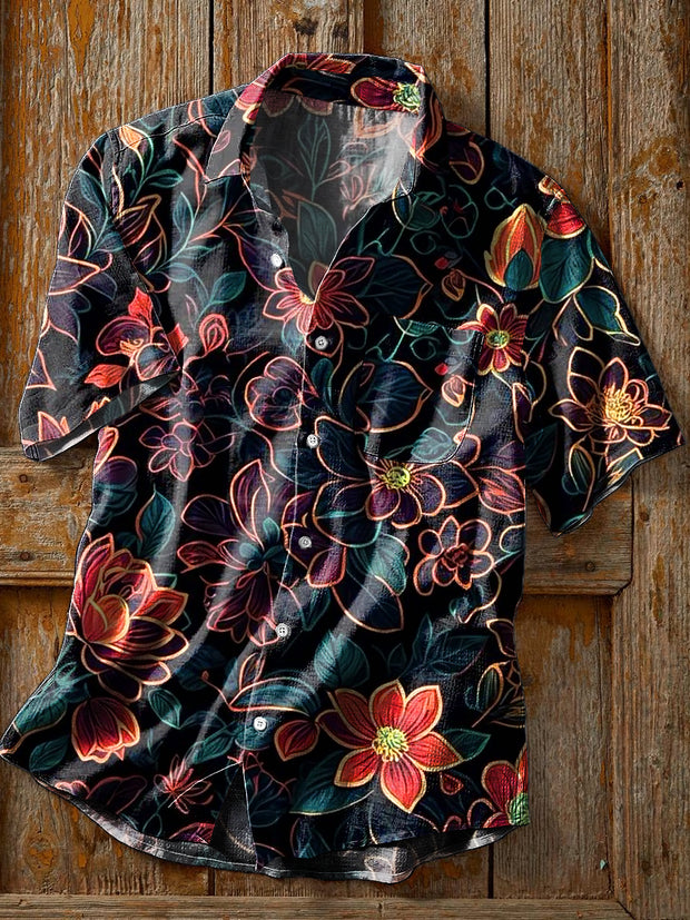 Men's Vintage Floral Art Print Short Sleeve Pocket Shirt