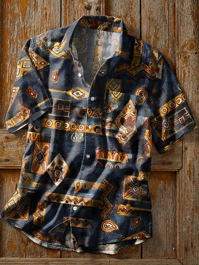 Men's Vintage Western Geometric Short Sleeve Pocket Shirt