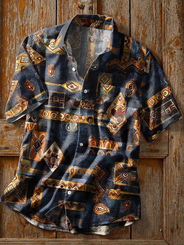 Men's Vintage Western Geometric Short Sleeve Pocket Shirt