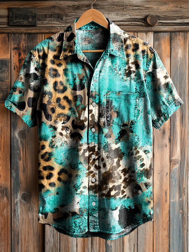 Men's Vintage Aged Leopard Pattern Short Sleeve Pocket Shirt