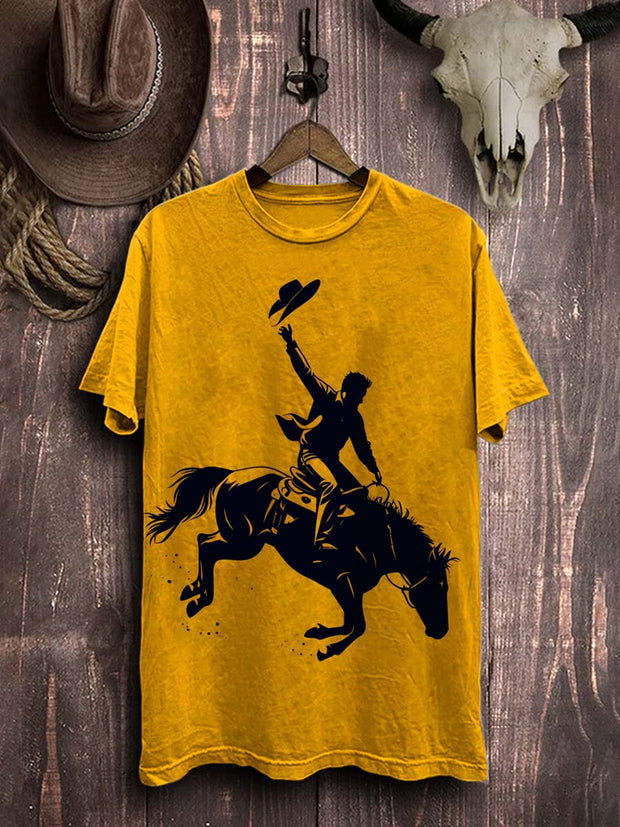 Vintage Western Cowboy Print Cotton T-Shirt