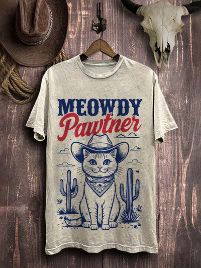 Vintage Cat Western Cowboy Print Cotton T-Shirt