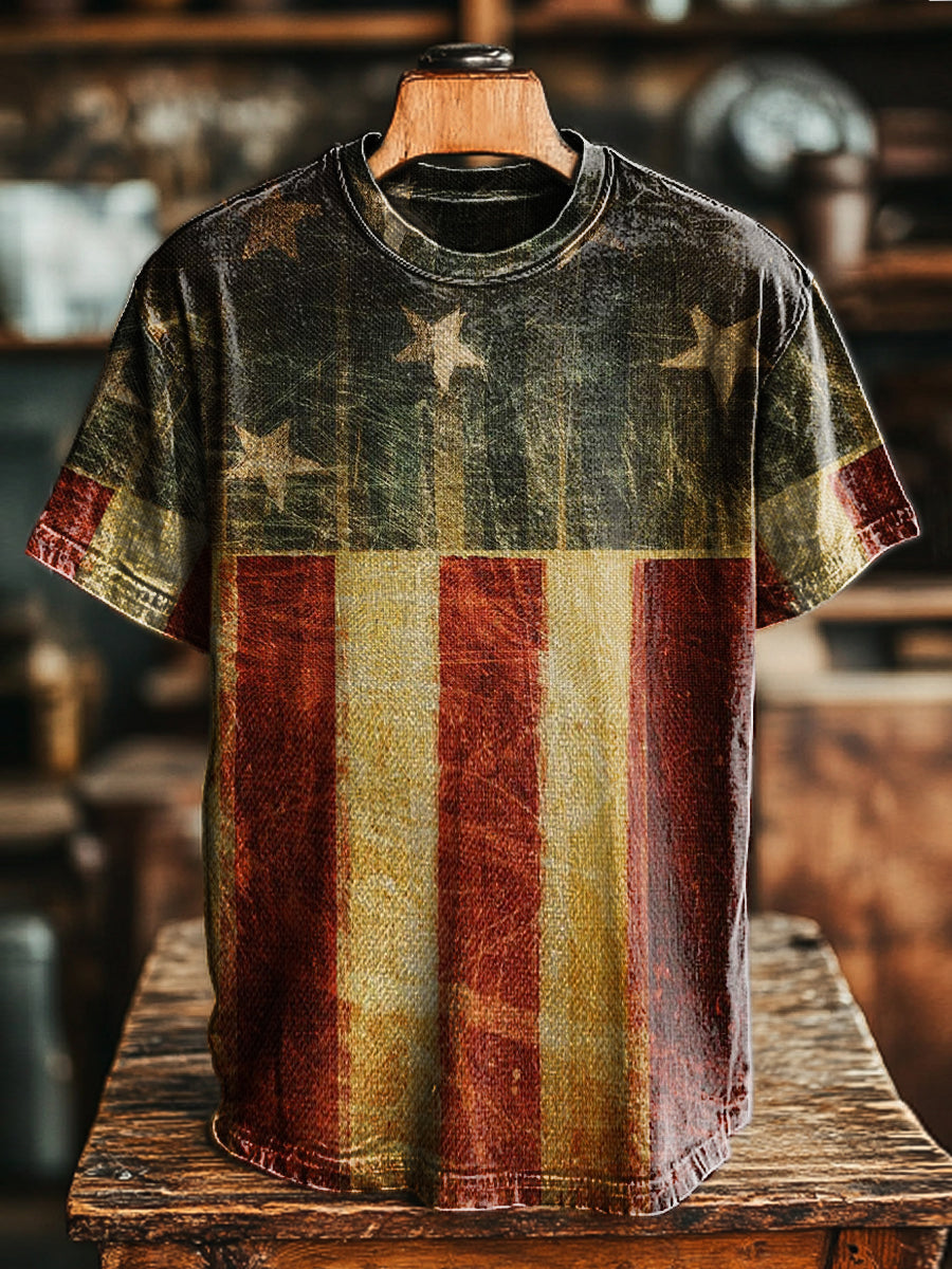 Men's Retro Aged Art Print Round Neck Short Sleeve T-Shirt