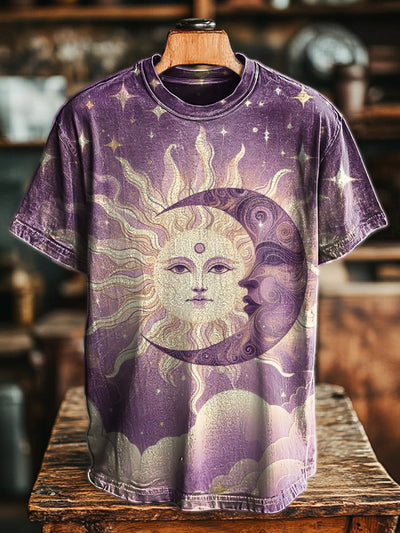 Men's Retro Sun Moon Print Casual Short Sleeve T-Shirt
