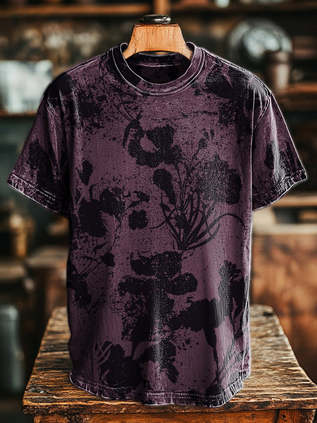 Men's Retro Abstract Ink Floral Print Casual Short Sleeve T-Shirt