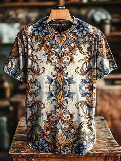 Men's Retro Symmetrical Floral Print Casual Short Sleeve T-Shirt