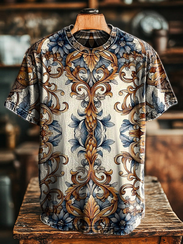 Men's Retro Symmetrical Floral Print Casual Short Sleeve T-Shirt