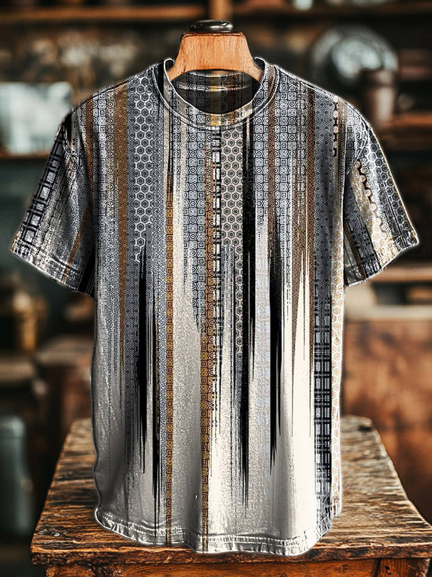 Men's Retro Abstract Stripe Print Casual Short Sleeve T-Shirt